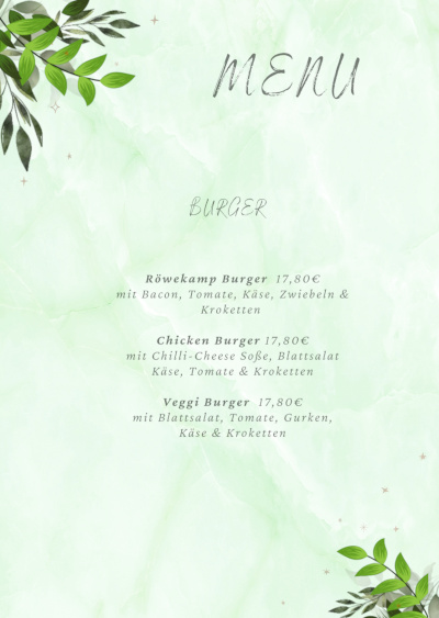 Speisekarte Burger. Chicken Burger, Veggi Burger