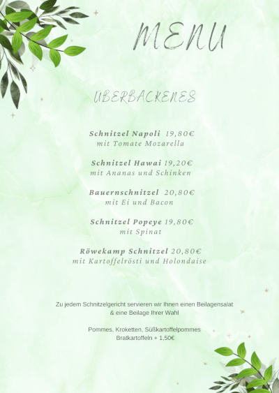 Speisekarte Überbackenes. Schnitzel Napoli, Schnitzel Hawai, Bauernschnitzel