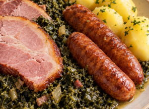 Grünkohl mit Kohlwurst und Pinkelwurst. Grünkohl mit Kohlwurst am Buffet. Eine kräftige Mahlzeit im November.