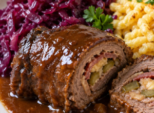 Rinderroulade mit Beilagen. Essen am Sonntag. Rinderroulade mit Rotkohl am Buffet, jeden Sonntag im Röwekamp.